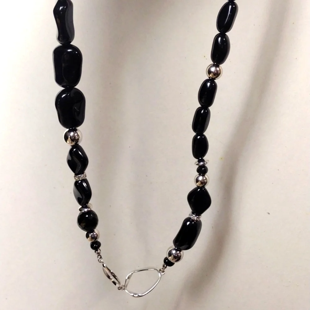 Black & Silver Beaded Long Statement Necklace – Modern Geometric Jewelry